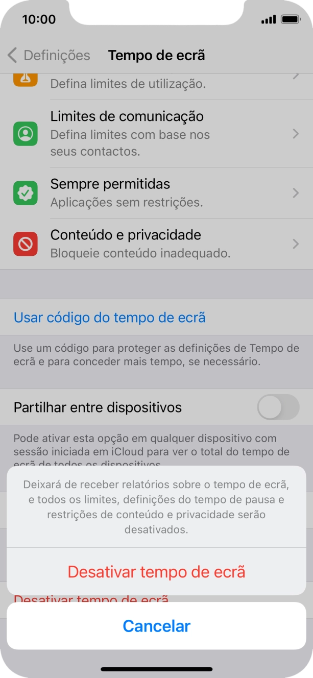 Prima Desactivar tempo de ecrã.
