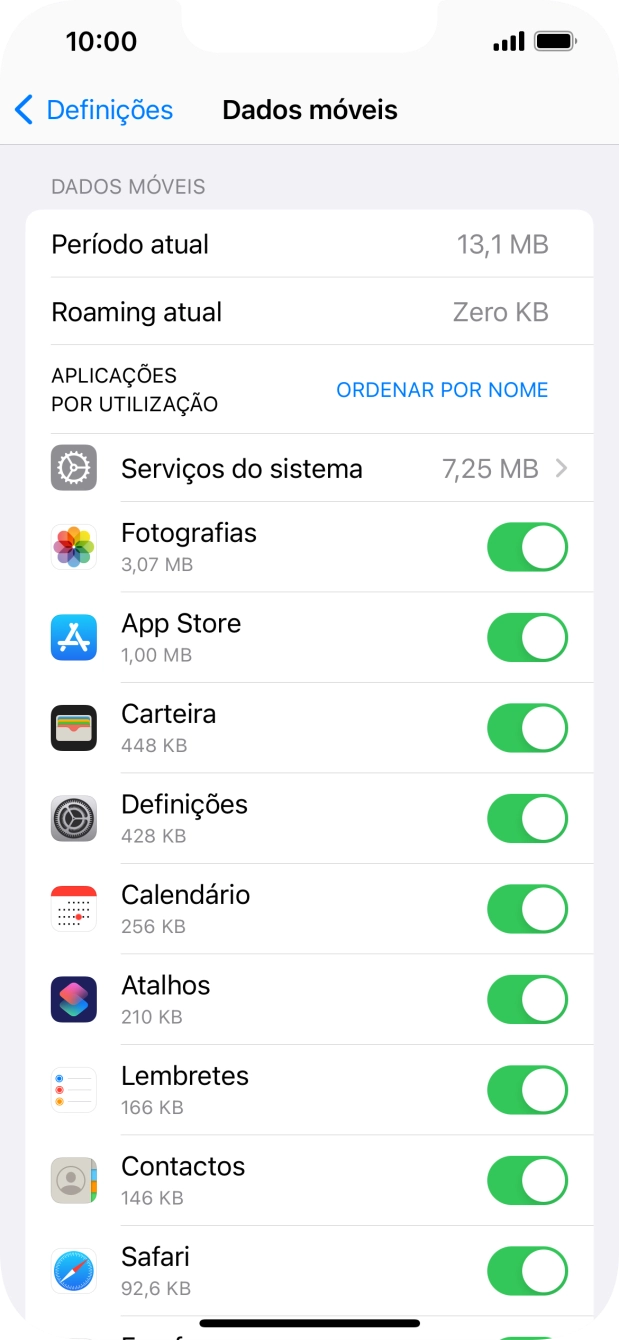 Prima o indicador junto das aplicações pretendidas para ativar ou desativar a função.