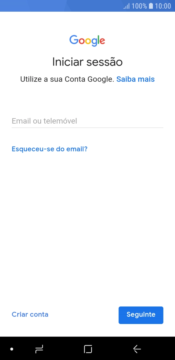 Se não tiver uma conta Google, prima Criar conta e siga as indicações no ecrã para criar uma conta.