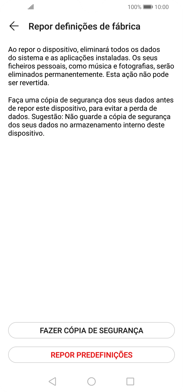 Prima REPOR PREDEFINIÇÕES. Aguarde um momento enquanto o telefone restabelece as definições originais. Siga as indicações no ecrã para configurar o telefone de modo que este fique pronto a ser utilizado.