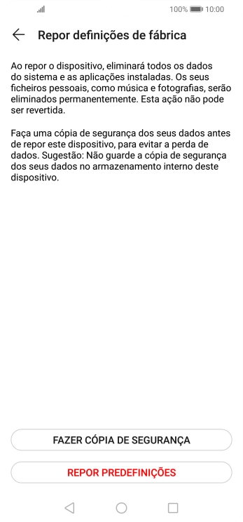 Prima REPOR PREDEFINIÇÕES. Aguarde um momento enquanto o telefone restabelece as definições originais. Siga as indicações no ecrã para configurar o telefone de modo que este fique pronto a ser utilizado.