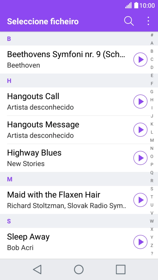 Prima o ícone de reprodução junto dos tons de toque para os ouvir.