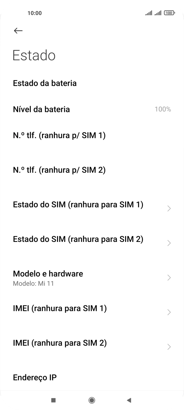 O código IMEI é mostrado no ecrã.