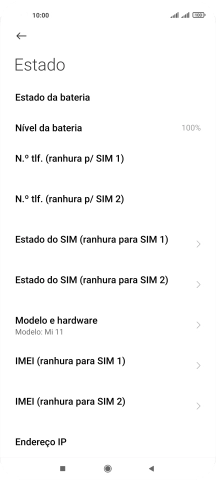 O código IMEI é mostrado no ecrã.