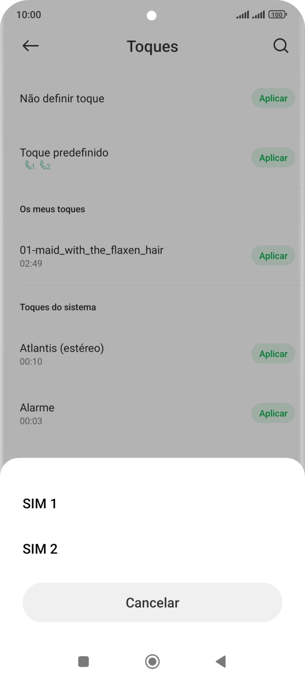 Prima o cartão SIM pretendido.