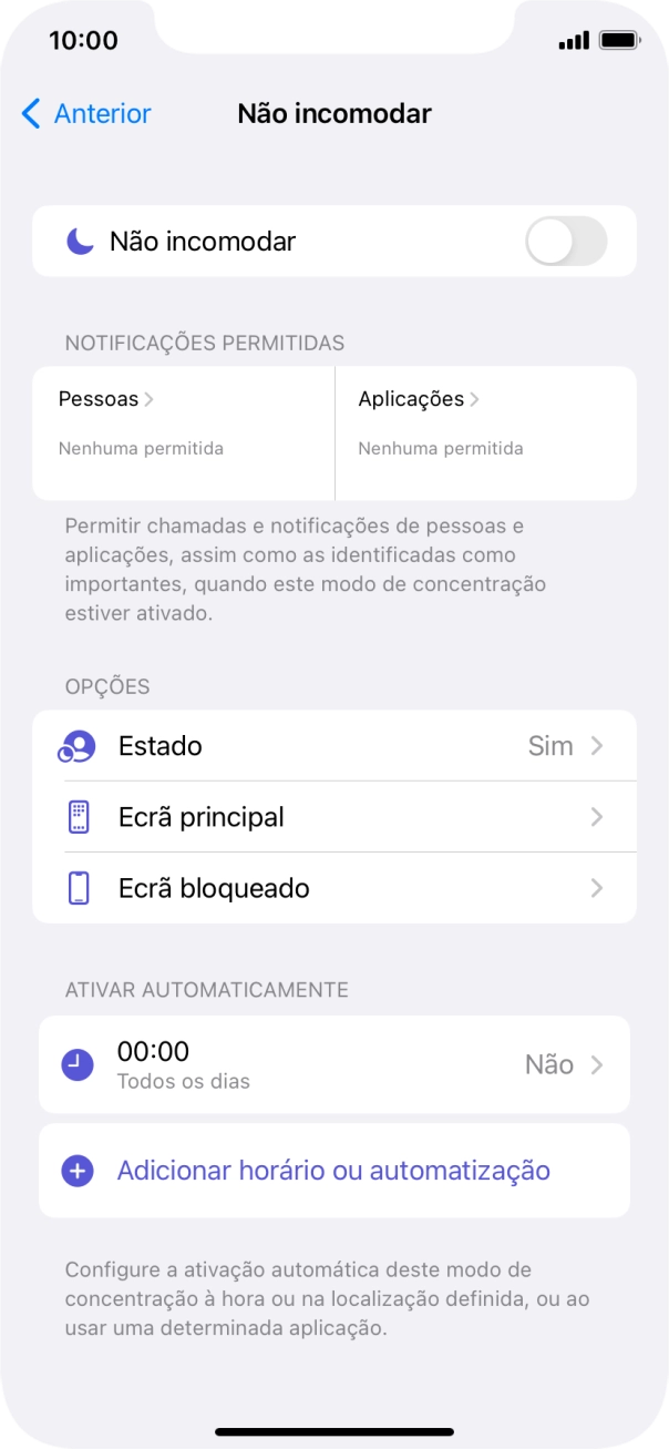 Prima Pessoas e siga as indicações no ecrã para escolher quais os contactos de que pretende receber chamadas e notificações, enquanto a função “Não incomodar” está ativada.