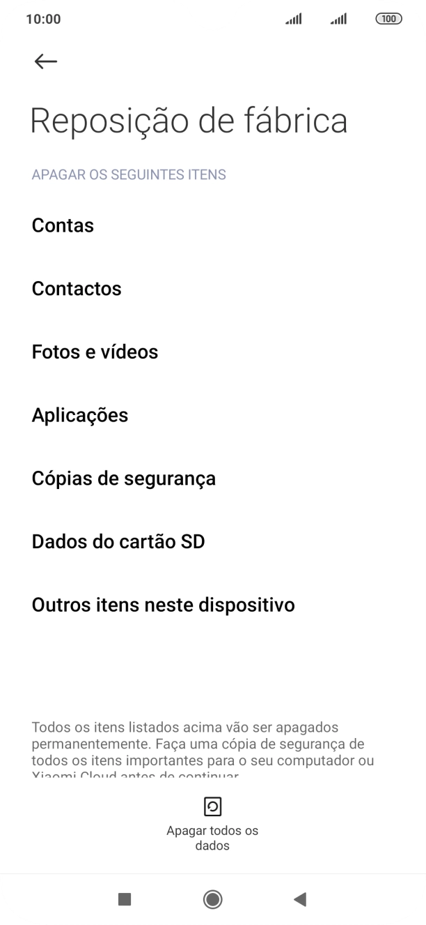 Prima Apagar todos os dados.