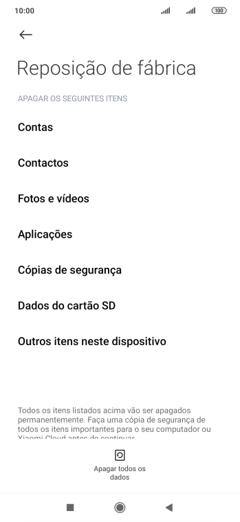 Prima Apagar todos os dados.
