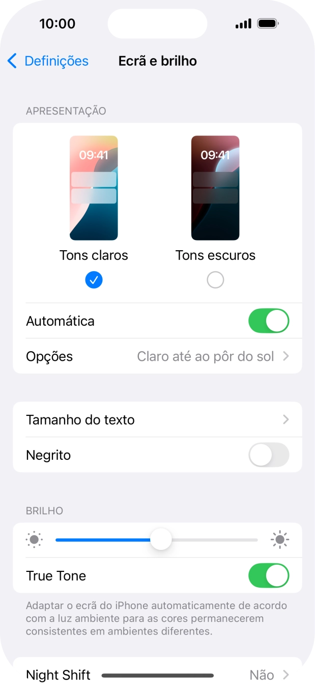 Quando ativar a função, prima Opções e siga as indicações no ecrã para escolher o período pretendido para o Modo Escuro.