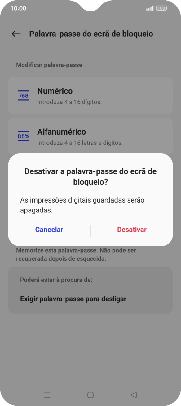 Prima Desativar e introduza o código adicional de bloqueio do telefone que criou anteriormente.