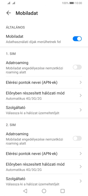 Válaszd az Elérési pontok nevei (APN-ek) lehetőséget a kiválasztott SIM-kártya alatt.