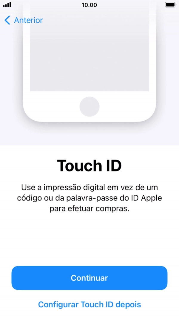 Siga as indicações no ecrã para ativar a utilização do reconhecimento facial (Face ID) ou prima Configurar Touch ID depois.
