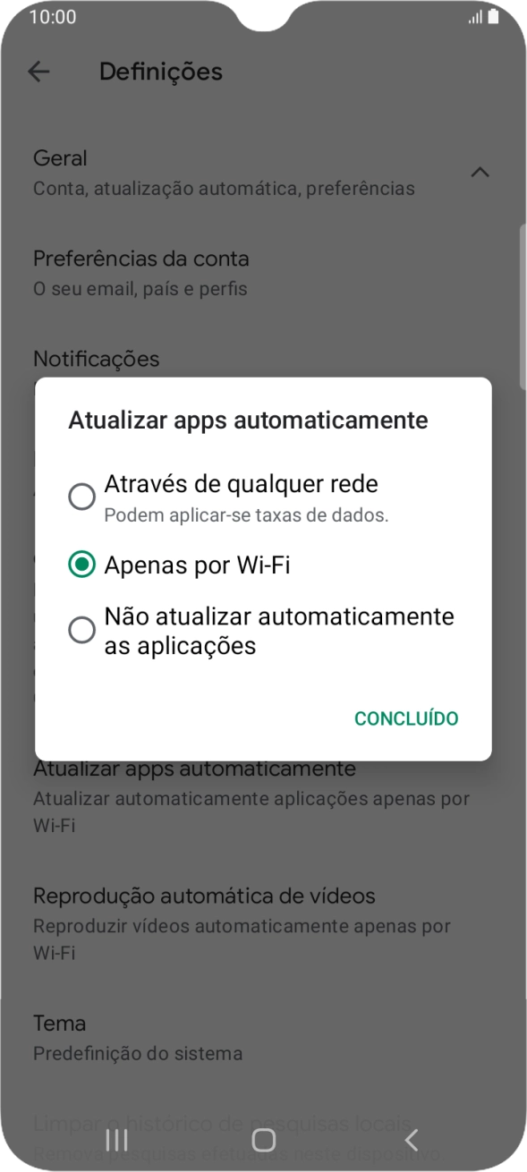 Para ativar a atualização automática de apps via redes móveis, prima Através de qualquer rede.