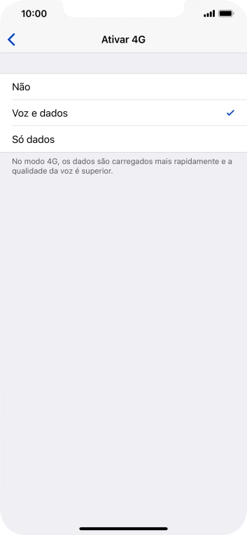 Para desativar o uso de 4G, prima Não.