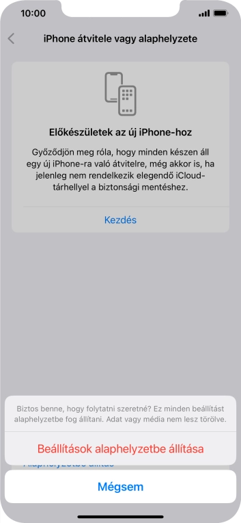 Válaszd a Beállítások alaphelyzetbe állítása lehetőséget. Várj egy kicsit, amíg a telefon visszaállítja a gyári beállításokat. A telefon konfigurálásához és ahhoz, hogy üzemkész állapotba hozd, kövesd a képernyőn megjelenő utasításokat.