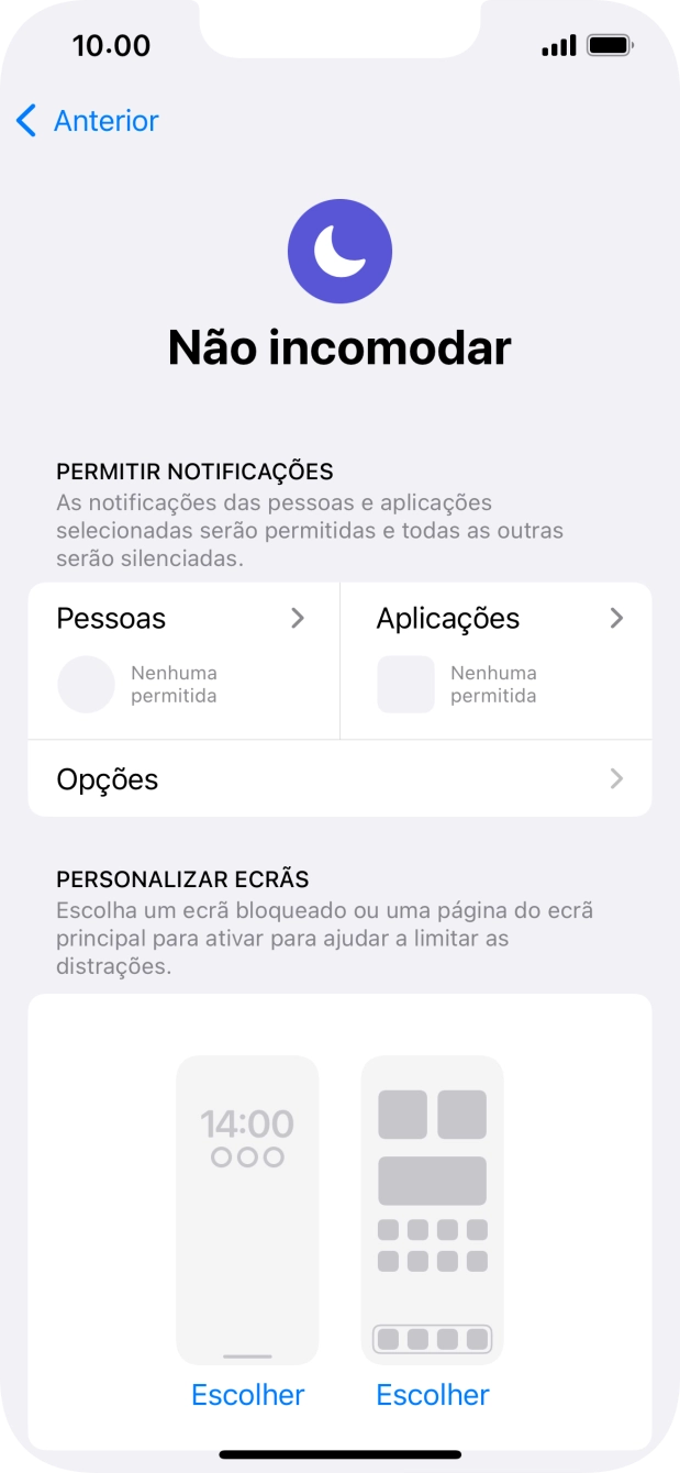 Prima Pessoas e siga as indicações no ecrã para escolher quais os contactos de que pretende receber chamadas e notificações, enquanto a função “Não incomodar” está ativada.