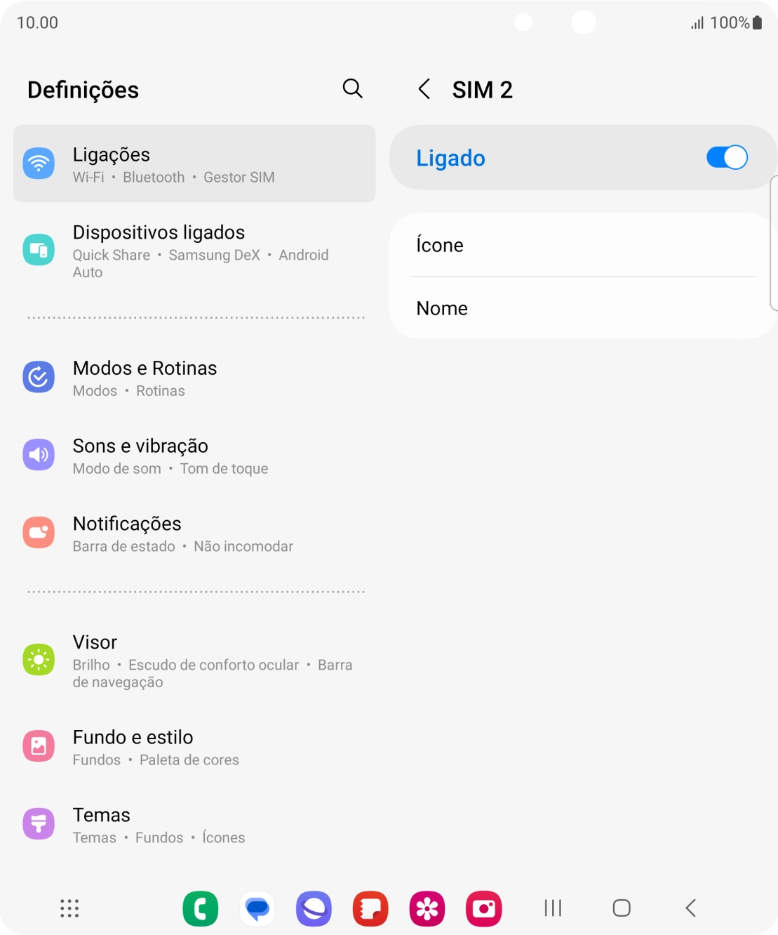Prima o indicador para ativar ou desativar a utilização do cartão SIM.