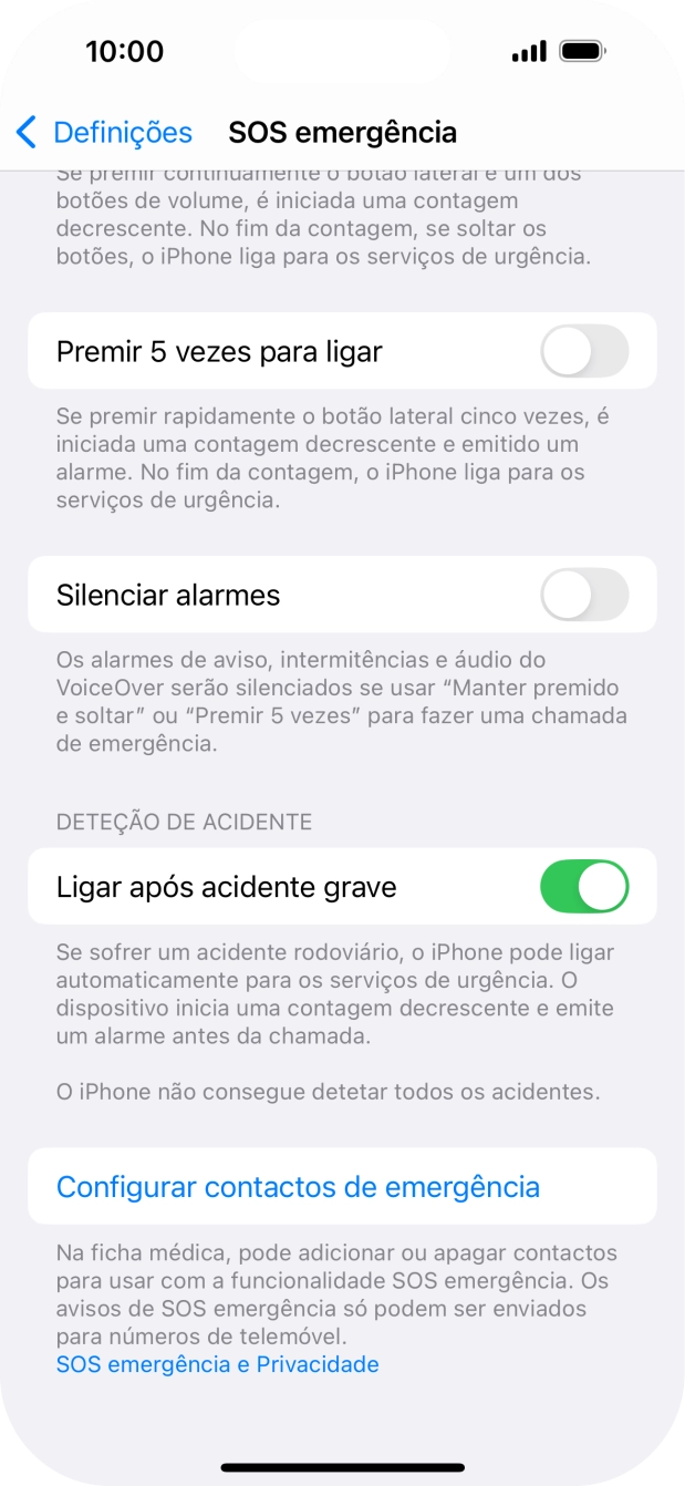 Prima Configurar contactos de emergência e siga as indicações no ecrã para introduzir a sua informação de emergência e os seus contactos de emergência.