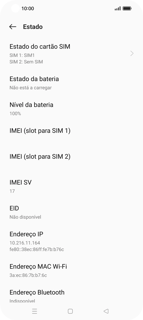 O código IMEI é mostrado no ecrã.