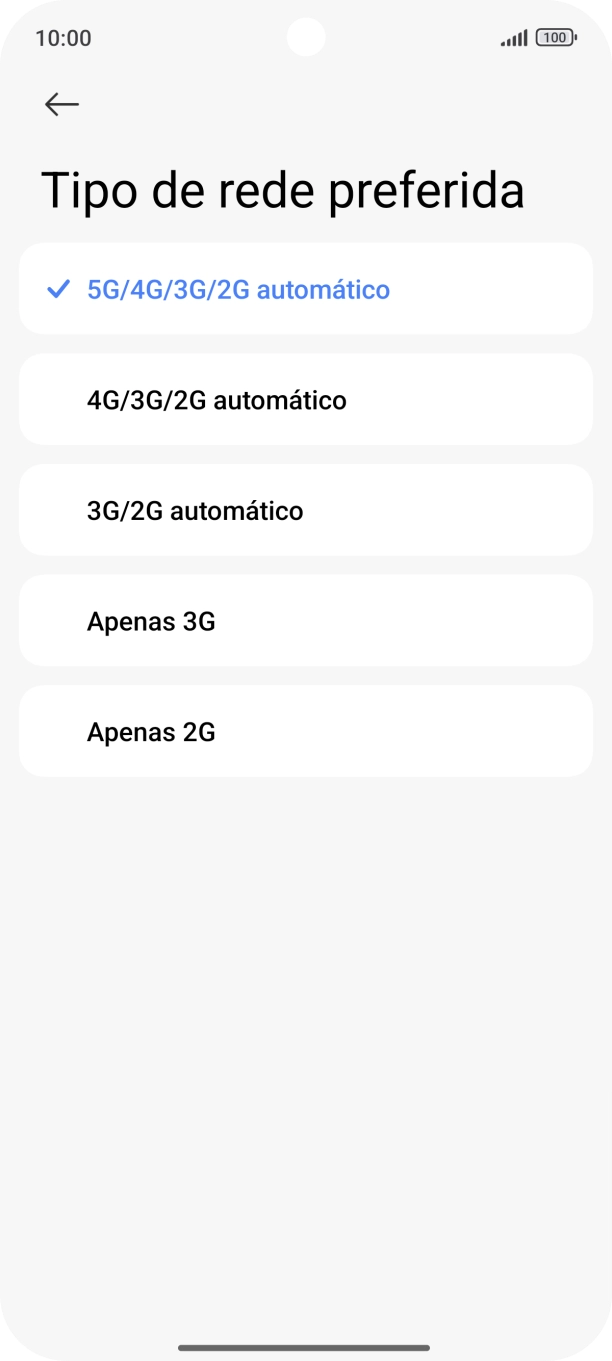 Prima o tipo de rede pretendido.