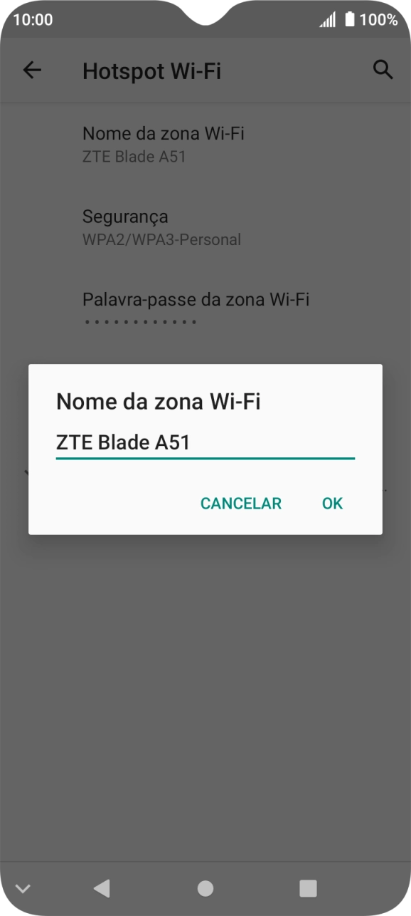 Introduza o nome pretendido do hotspot Wi-Fi e prima OK.