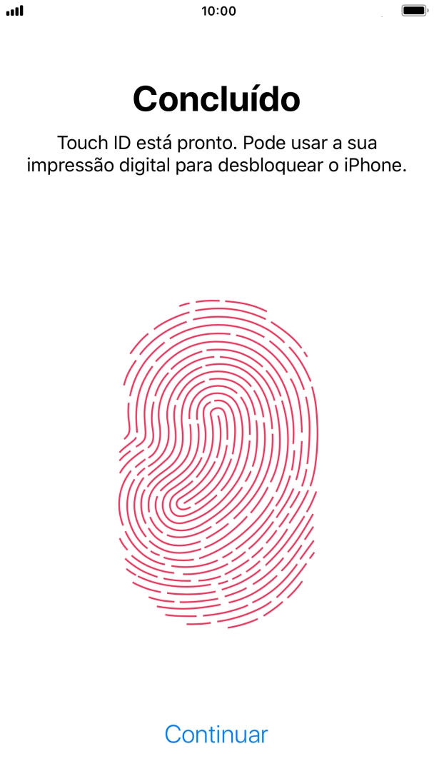 Prima Continuar. Se ainda não tiver escolhido um código de bloqueio do telefone, introduza um código à escolha duas vezes de seguida.