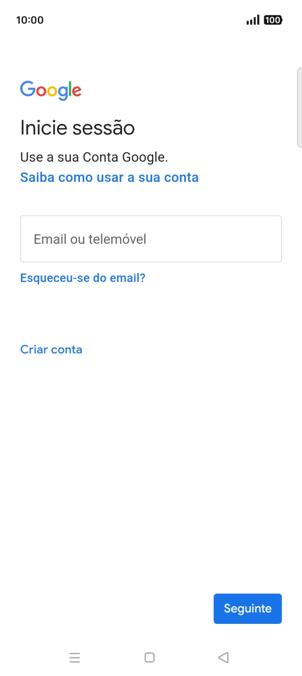 Se não tiver uma conta Google, prima Criar conta e siga as indicações no ecrã para criar uma conta.