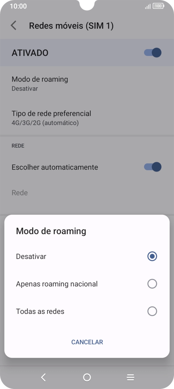 Prima a definição pretendida para ativar ou desativar a função.