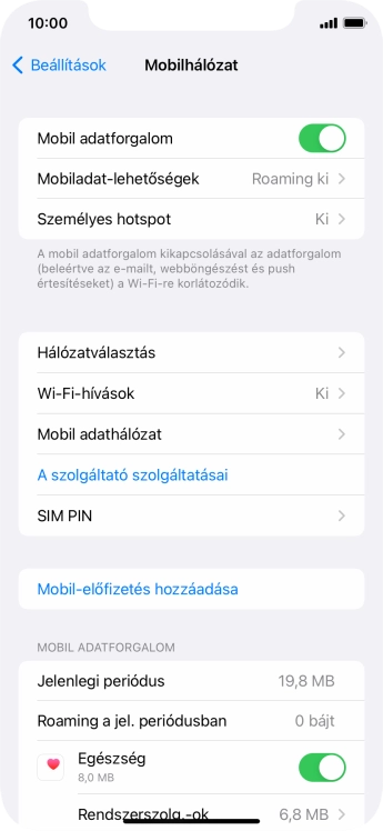 Kattints a „Mobil adatforgalom” melletti csúszkára a funkció be- vagy kikapcsolásához.