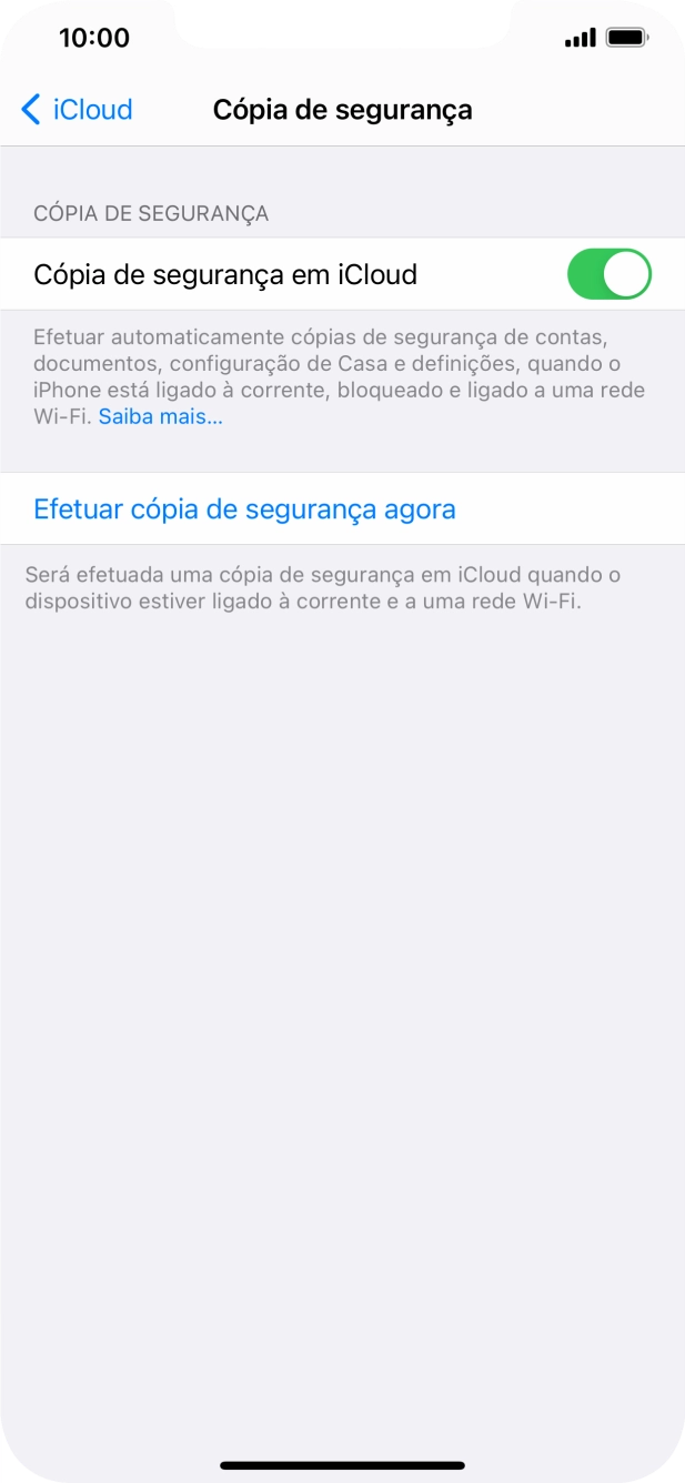 Prima Efetuar cópia de segurança agora e aguarde enquanto é efetuada a cópia de segurança do conteúdo da memória do telefone.