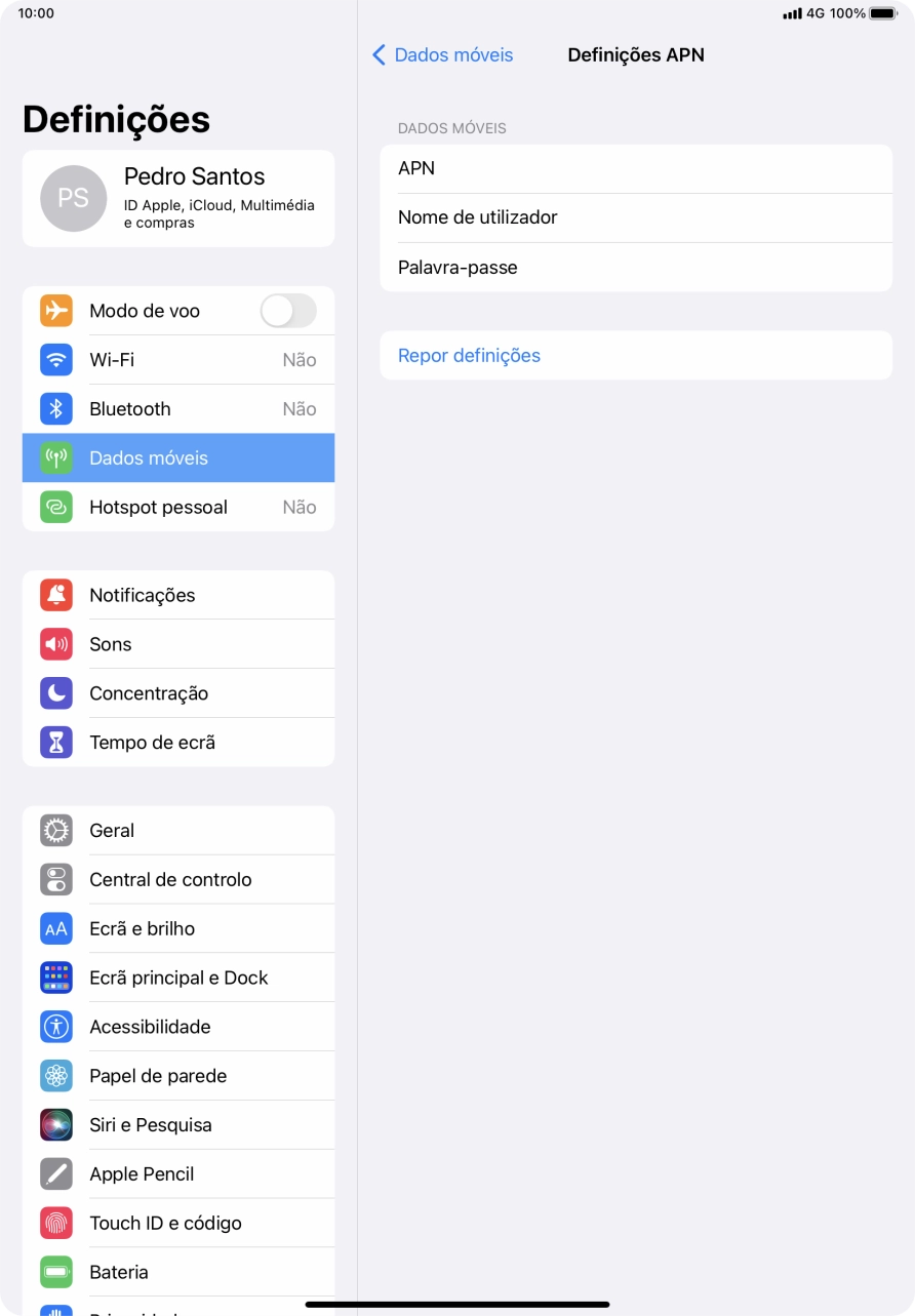 Prima APN e insira net2.vodafone.pt.