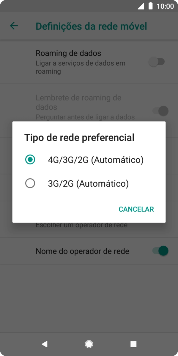 Prima o tipo de rede pretendido.