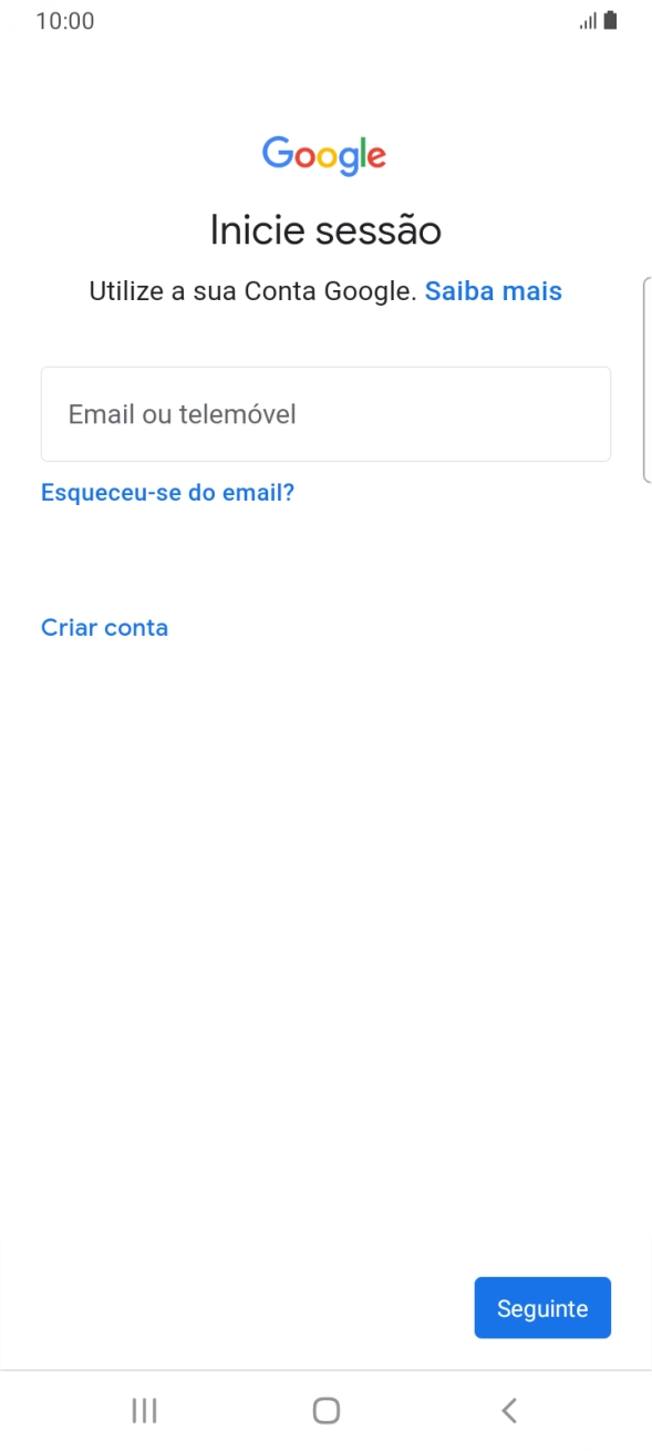 Se não tiver uma conta Google, prima Criar conta e siga as indicações no ecrã para criar uma conta.