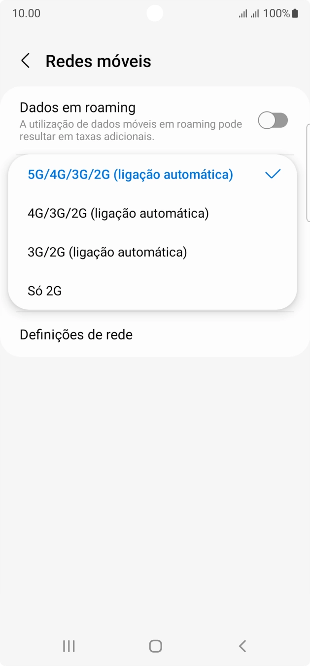Prima o tipo de rede pretendido.