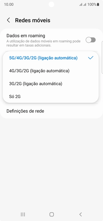 Prima o tipo de rede pretendido.