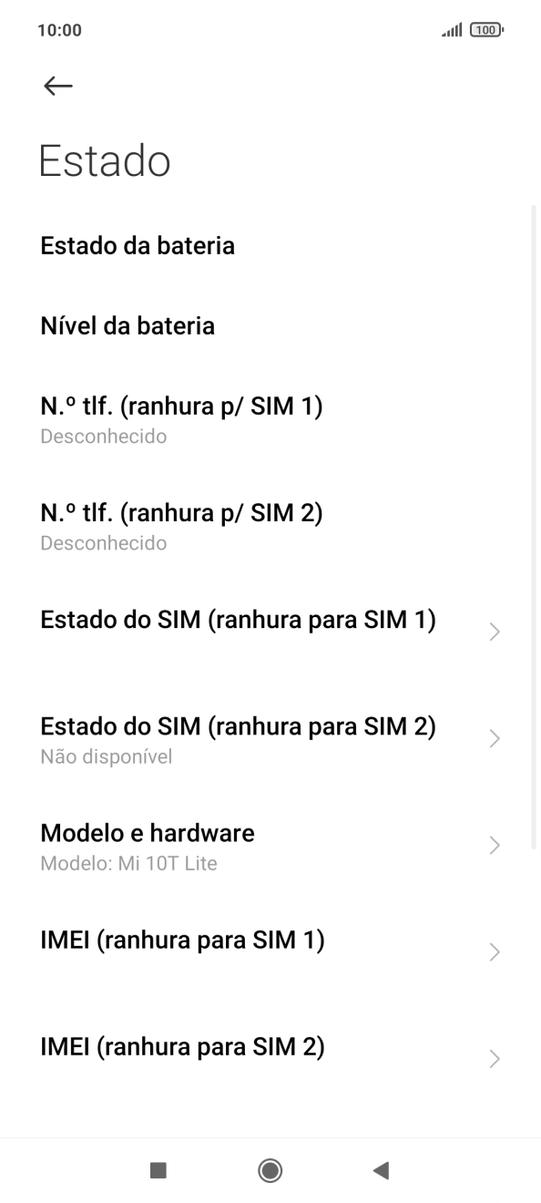 O código IMEI é mostrado no ecrã.