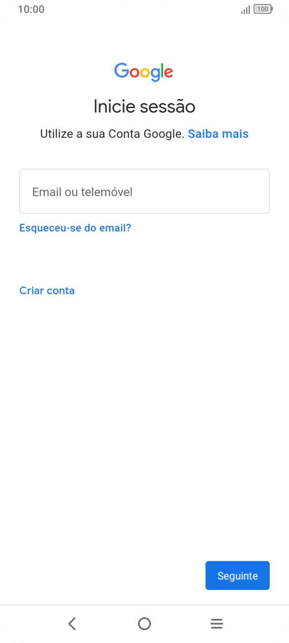 Se não tiver uma conta Google, prima Criar conta e siga as indicações no ecrã para criar uma conta.