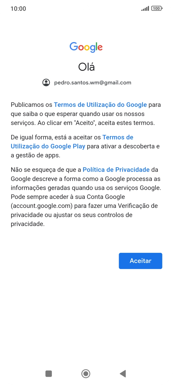 Prima Aceitar e siga as indicações no ecrã para escolher as definições da conta Google.