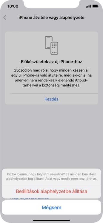 Válaszd a Beállítások alaphelyzetbe állítása lehetőséget. Várj egy kicsit, amíg a telefon visszaállítja a gyári beállításokat. A telefon konfigurálásához és ahhoz, hogy üzemkész állapotba hozd, kövesd a képernyőn megjelenő utasításokat.