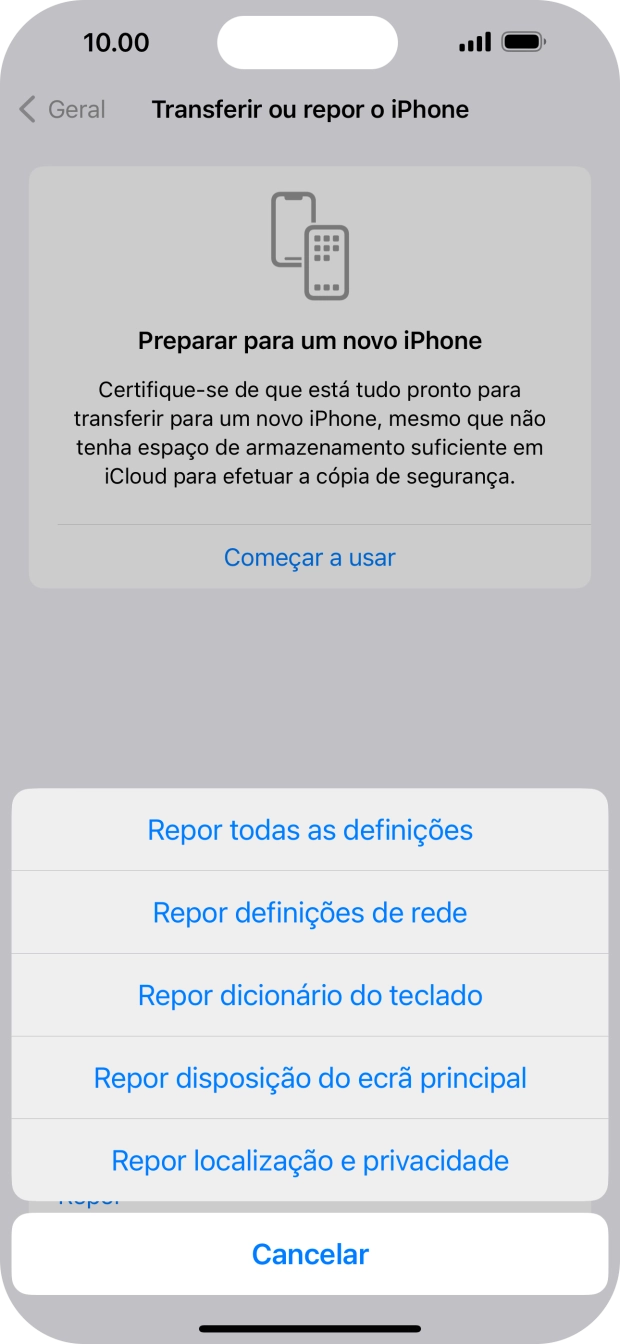 Prima Repor todas as definições.