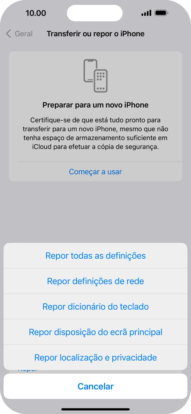 Prima Repor definições de rede.