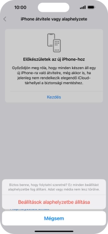 Válaszd a Beállítások alaphelyzetbe állítása lehetőséget. Várj egy kicsit, amíg a telefon visszaállítja a gyári beállításokat. A telefon konfigurálásához és ahhoz, hogy üzemkész állapotba hozd, kövesd a képernyőn megjelenő utasításokat.