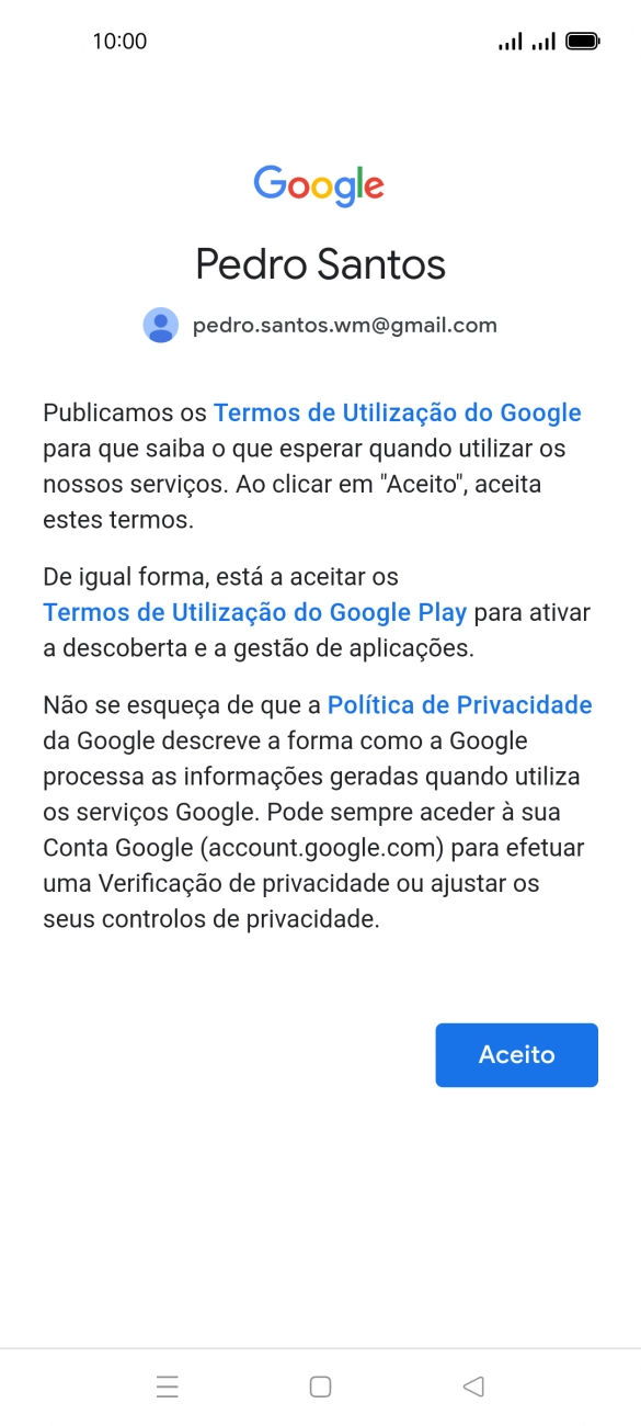 Prima Aceito e siga as indicações no ecrã para escolher as definições da conta Google.