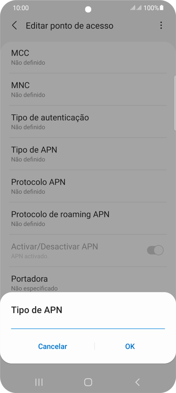 Introduza default e prima OK.