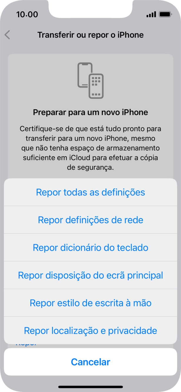 Prima Repor todas as definições.