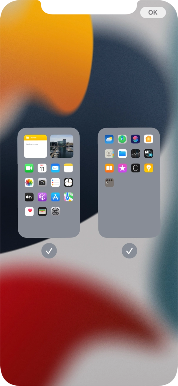 Prima os campos sob as páginas do ecrã inicial pretendidas, para ativar ou desativar a exibição de páginas.