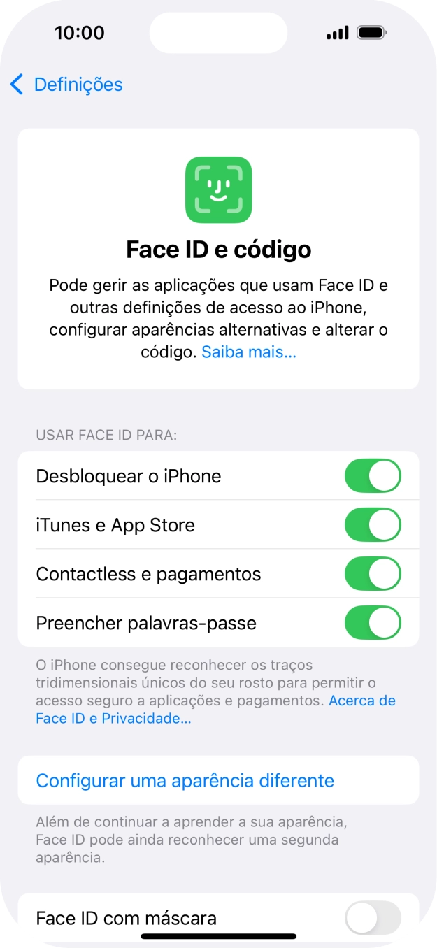 Prima os indicadores junto às definições pretendidas para as ativar ou desativar.