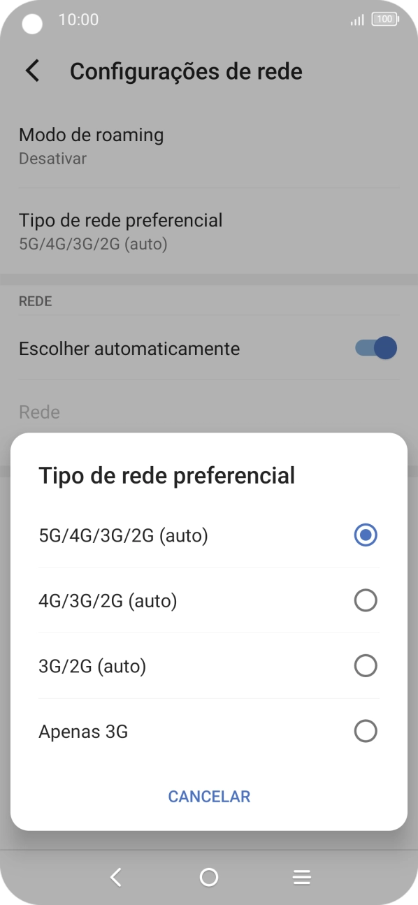 Prima o tipo de rede pretendido.