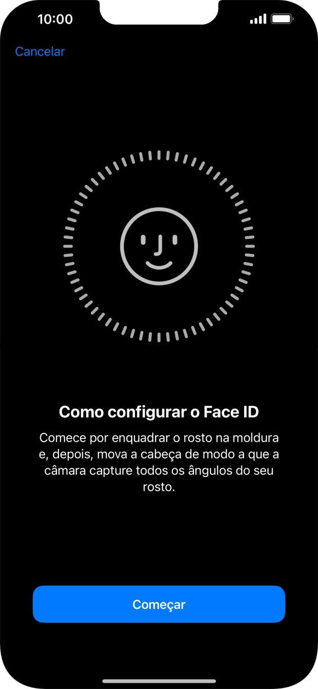 Prima Começar e siga as indicações no ecrã para estabelecer um código de reconhecimento facial (Face ID).