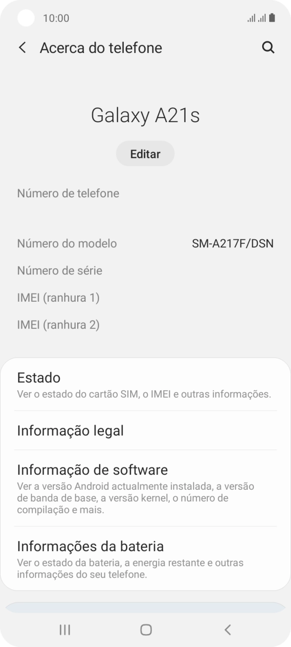 O código IMEI é mostrado no ecrã.